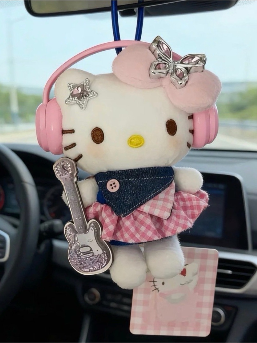 Hello Kitty Pink Headphone Plush with Denim Scarf and Guitar Charm